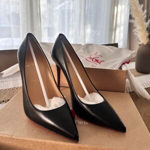Christian Louboutin Black Leather Pointed-Toe Pumps with Red Soles
